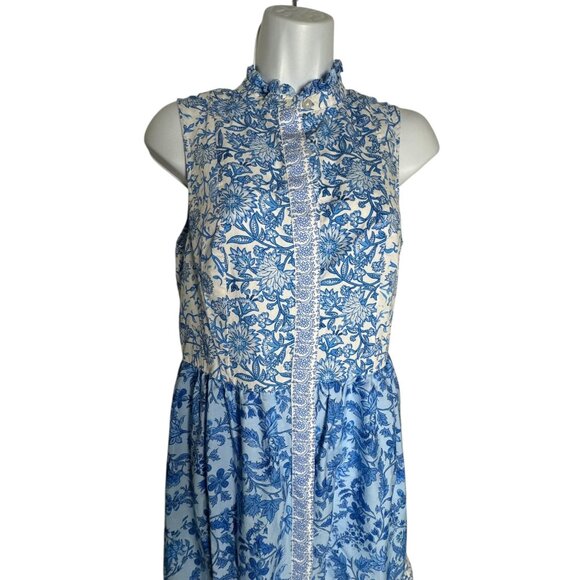 CeCe Women’s Blue White Floral Ruffle belted Midi Dress Size Small 100% Cotton - Picture 5 of 13